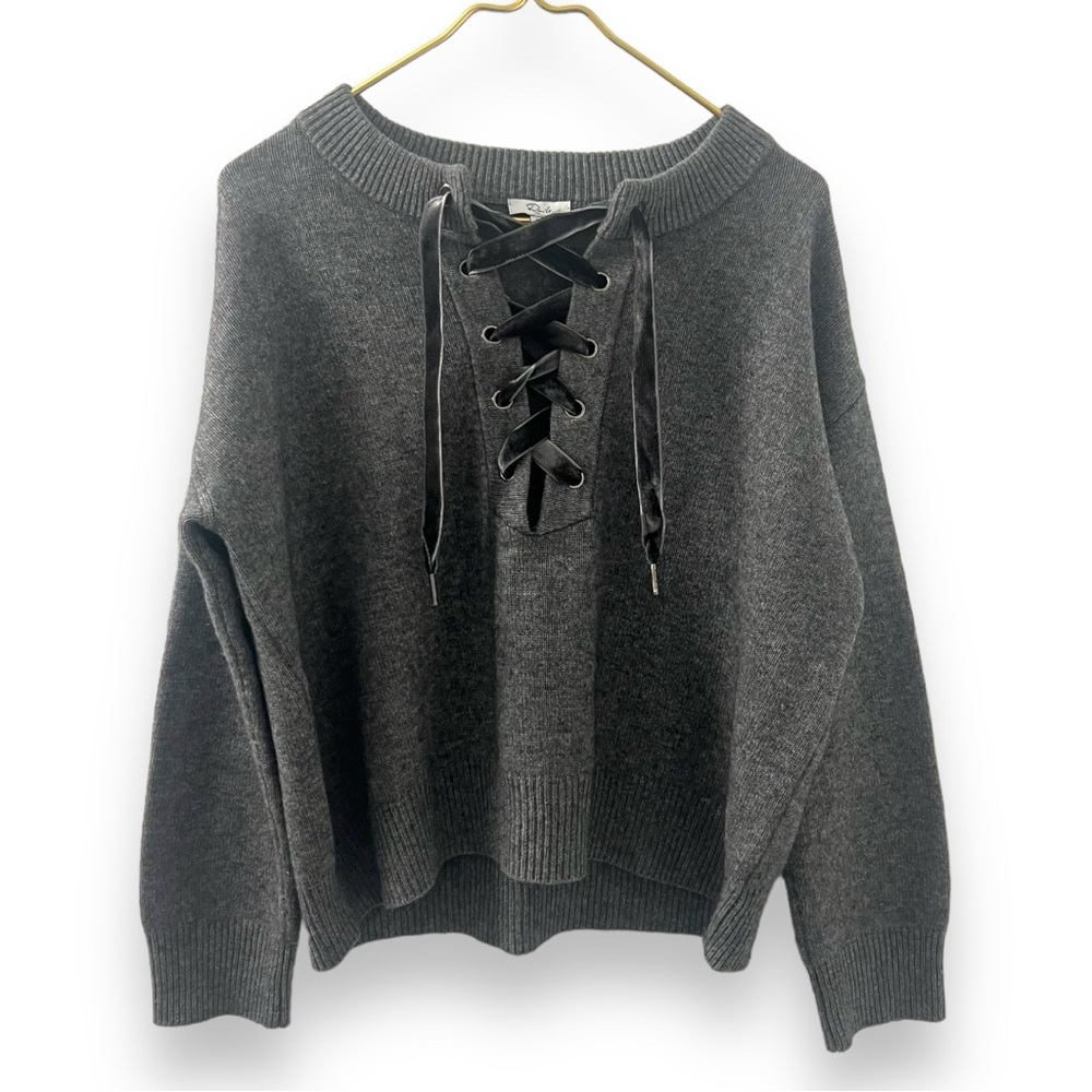 Rails Cashmere and Velvet Tie Detail Grey Sweater